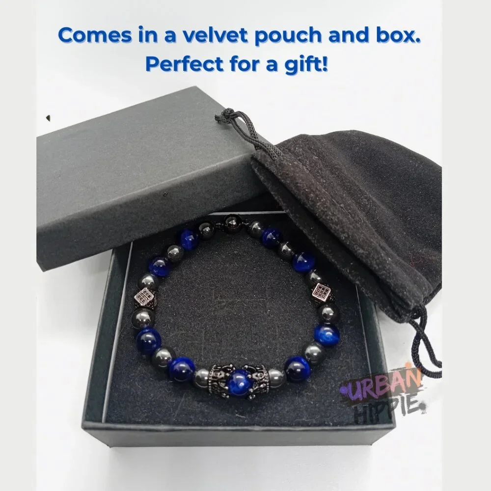 GEMSTONE Men's Double Crown Tiger's Eye & Hematite Beaded Bracelet Magnet Clasp